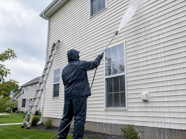 Professional pressure washing with surface cleaner into a trailer in a Lenawee County neighborhood