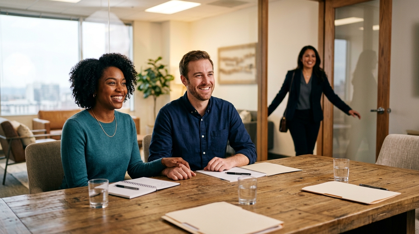 Happy homeowners at closing — cash home sale