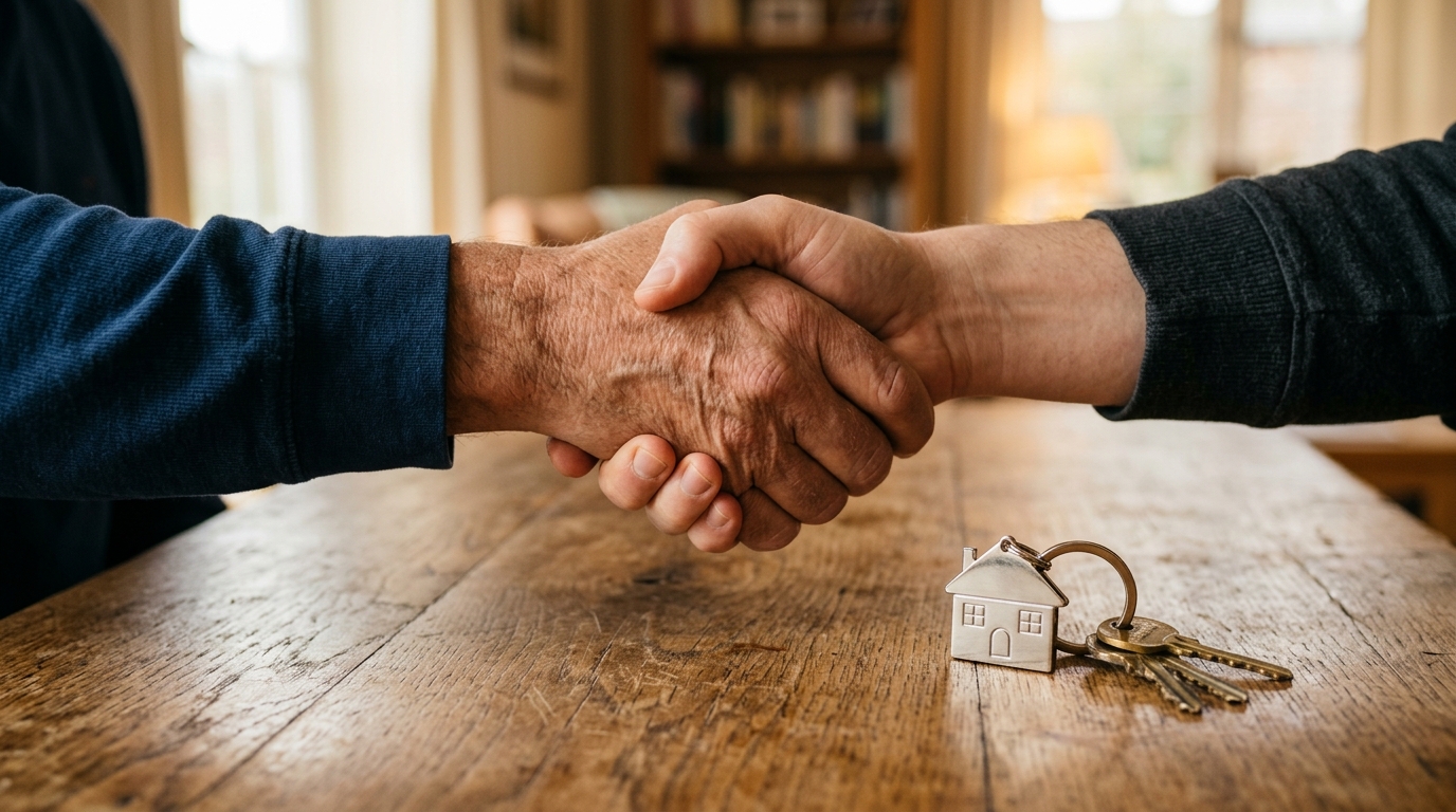 Cash home offer — handshake with house keys