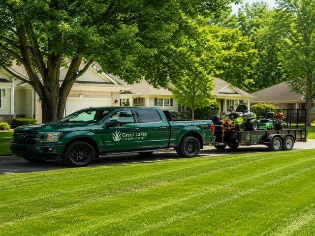 Local lawn care contractor loading debris into a trailer in a Lenawee County neighborhood