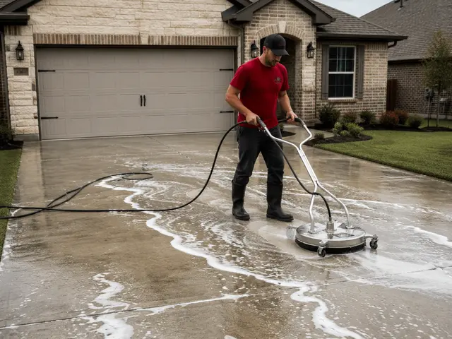 Professional pressure washing crew cleaning a brick patio into a trailer in Lenawee County
